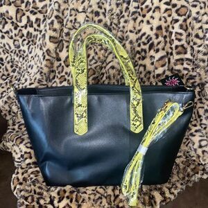 Black Faux Leather Neon Green Snakeskin Tote